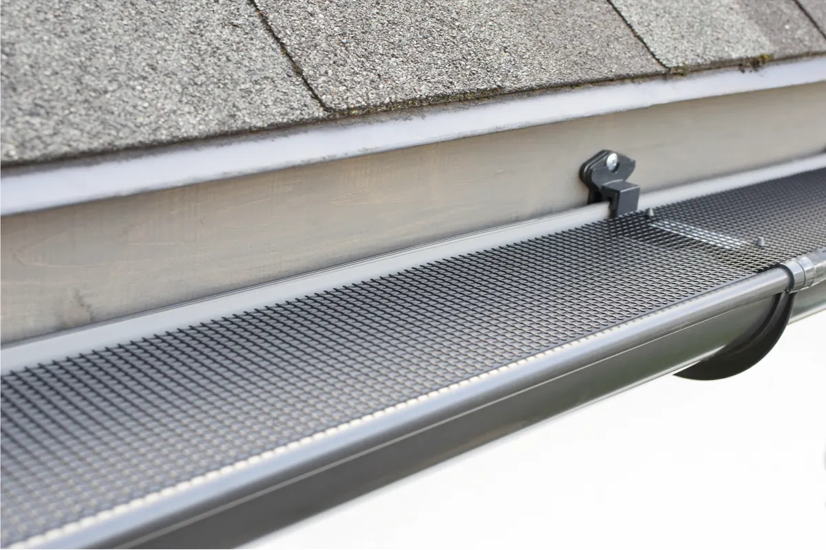 Loblolly pine needles resting on top of micro-mesh gutter guards in Hampton, VA